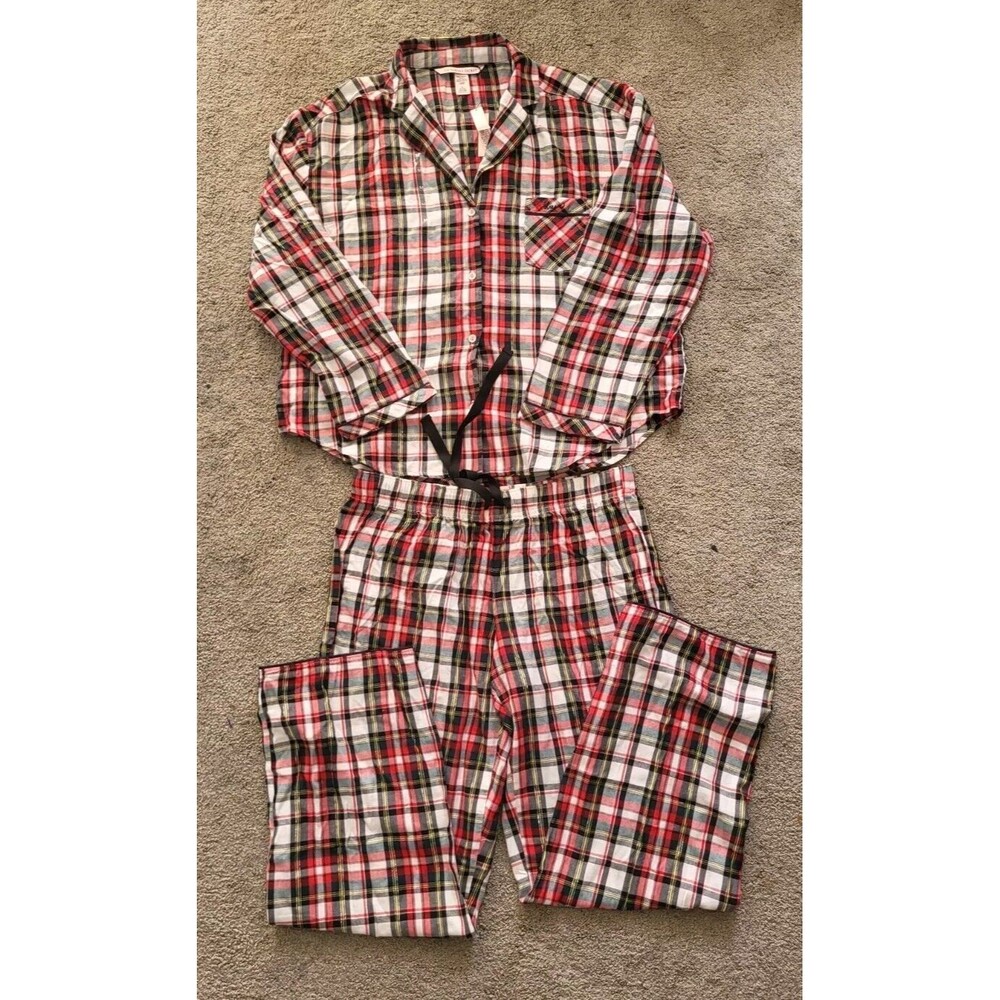 Victoria Secret Pajama Set Red Plaid Long Sleeve Metallic Threads Size M
